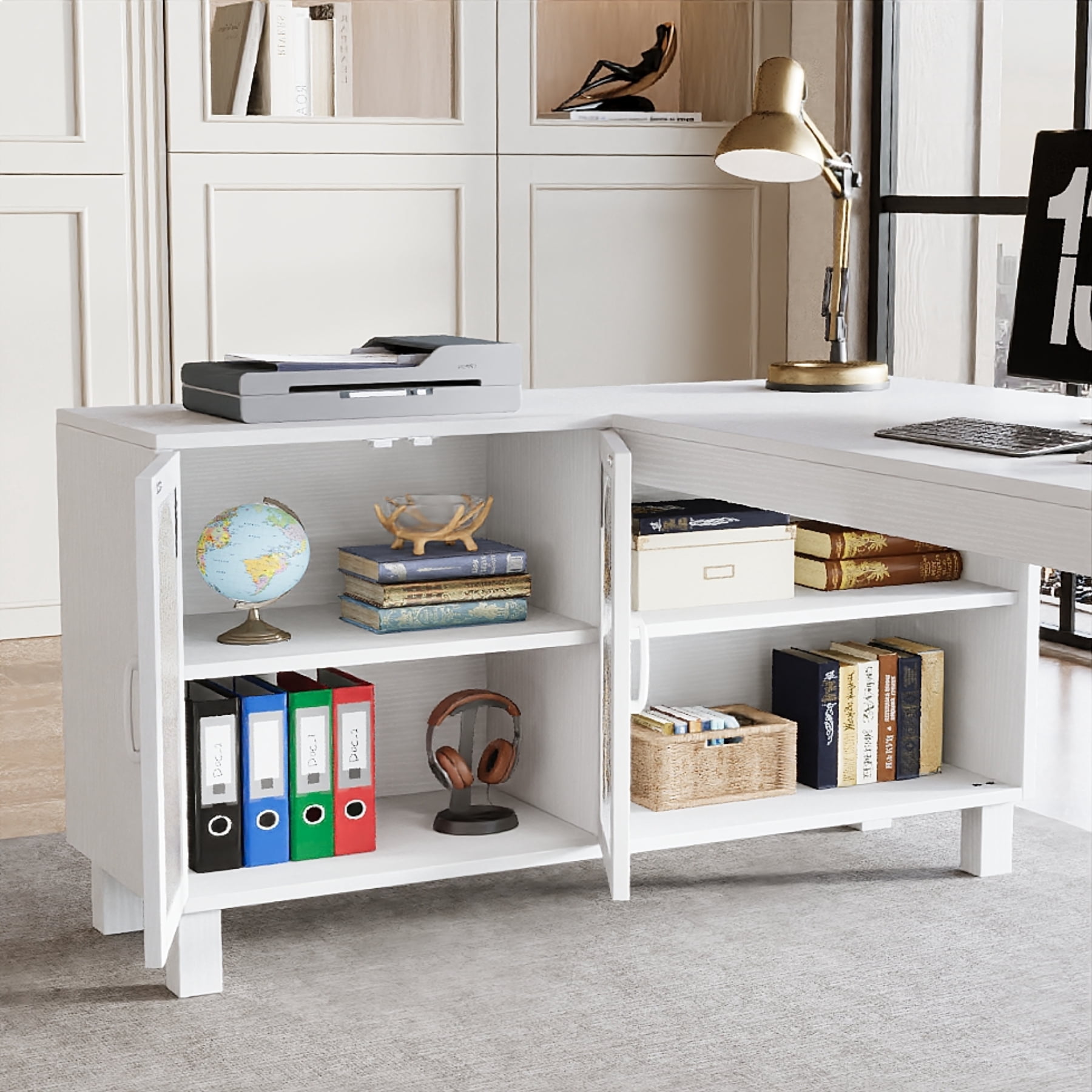 Finmind L Shaped  Executive Desk with File Cabinet, 59-inch Wood Computer Desk with Storage Shelves for Work and Study, White