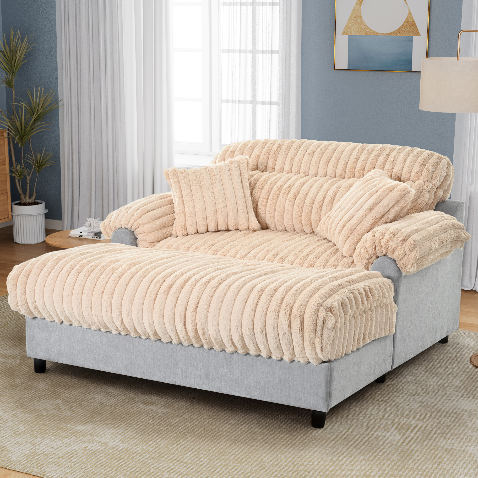 Euroco Modern Chaise Lounge Sofa 65.25" Cloud Chaise Sofa Cozy Plush Sofa Couch with Two Throw Pillows for Living Room, Champagne