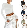 thumbnail image 2 of Camiseta de manga larga con cuello redondo para mujer, Top corto ajustado de color liso con agujeros para el pulgar para uso diario en la calle, 2 of 4