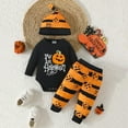 thumbnail image 2 of oqasdz Halloween Toddler Baby Boy Outfits Fall Winter Long Sleeve Pumpkins Prints Romper and Pants with Hat Cute 3 Piece Set Size 9 M-12 M, 2 of 7