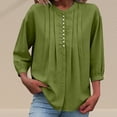 thumbnail image 2 of WTXUE Linen Blouses for Women 3/4 Sleeve Tops Tunic Shirts Pleated Shirts Peasant Summer Outfits Pleated Tops Bohemian Tops Casual Office Work Shirt Work Business Blouses Fashion Tops Green S, 2 of 6