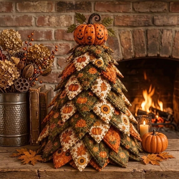 DIY Halloween Quilted Fabric Tree Kit, Pumpkin Harvest 3D Patchwork Craft Set, Halloween Tabletop Decoration for Shelf, Mantel and Home Decor