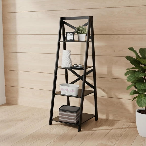 Topcobe 4-Tier Leaning Free Standing Ladder Shelf Bookcase, Tall Bookshelf Modern Book Case for Books, CDs, Movies, Corner Storage Organizer for Bedroom Home Office