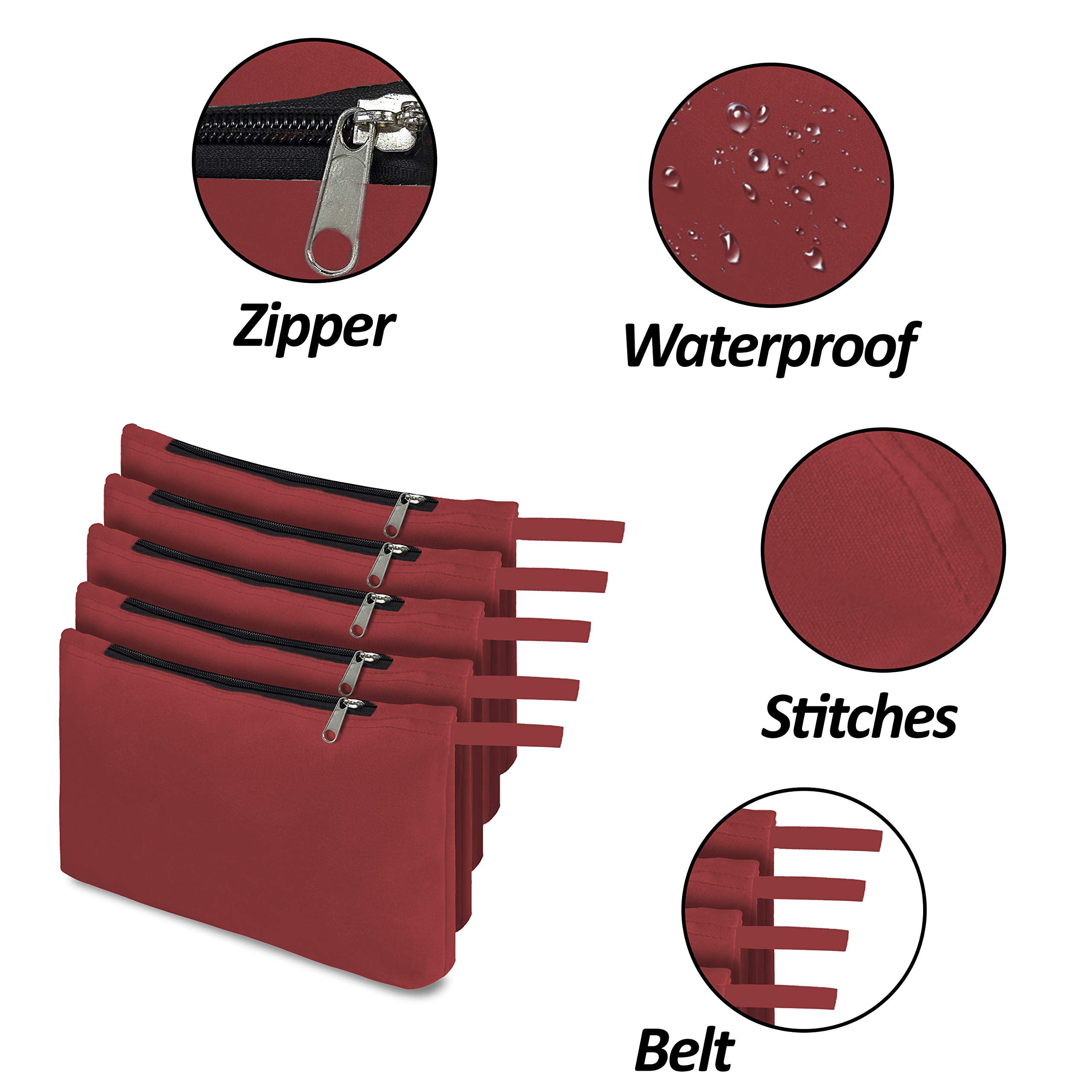 COVERS&ALL Tool Bag, 18 Oz Heavy Duty Waterproof Pouch with Sturdy Zipper, Utility Multipurpose for Tools Storage Makeup (Pack of 5, Red)