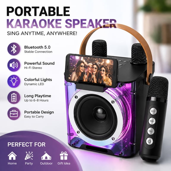 Kuangxiang Portable Karaoke Machine with 2 Microphones and LED Lights, Black