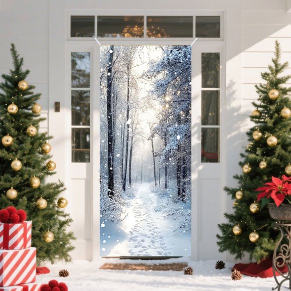 Housse de Porte Décorative de Noël avec Imprimé Père Noël, 35 x 71 Pouces Décoration de Porte pour Maison, Cadeau et Fête, Polyester Lavable en Machine et Résistant aux Plis