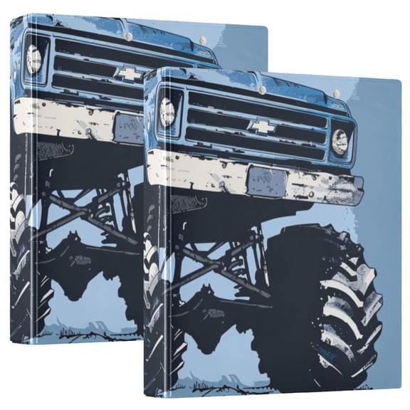 Blue Monster Truck 3 Ring Binders 1.5 inch Hardcover File Folders with Interior Pockets A4 Size Organizer for School Office Hospital Set of 2
