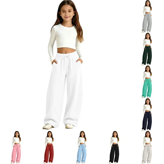 RUTAYY Girls Sweatpants Curved Leg Elastic Waist Drawstring Solid Color with Pockets Casual Baggy Trousers White