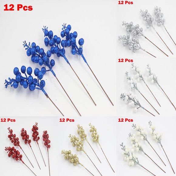 12Pcs Artificial Christmas Glitter Berries Stems Xmas Tree Wreath Diy Decor