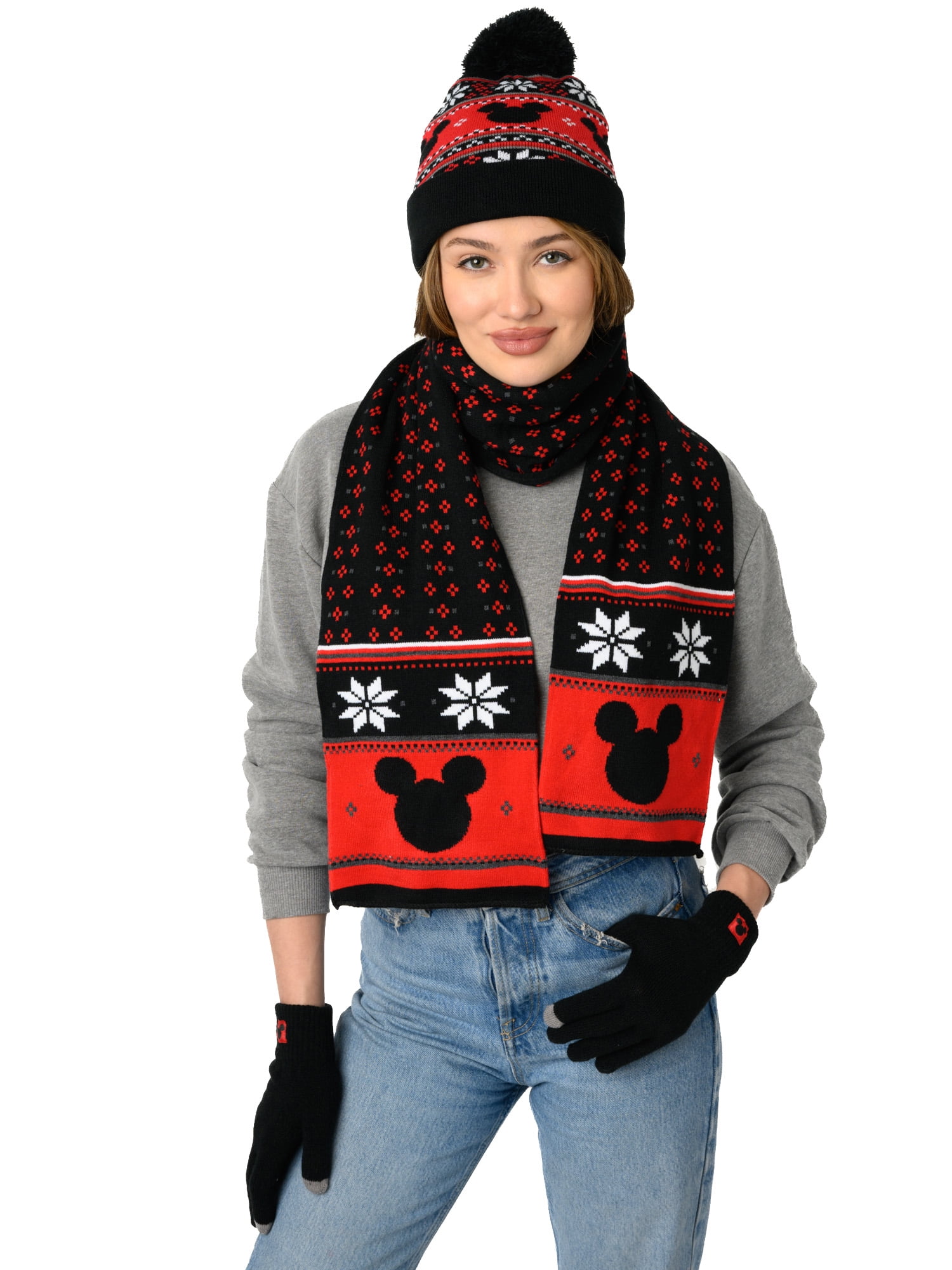 Disney Beanie Scarf Set Unisex OS Black Rainbow Mickey Mouse Pom Pom Tassel Knit Disney Mickey Mouse Red/ Black Beanie Pom Pom w/ Tassels One  main image 3