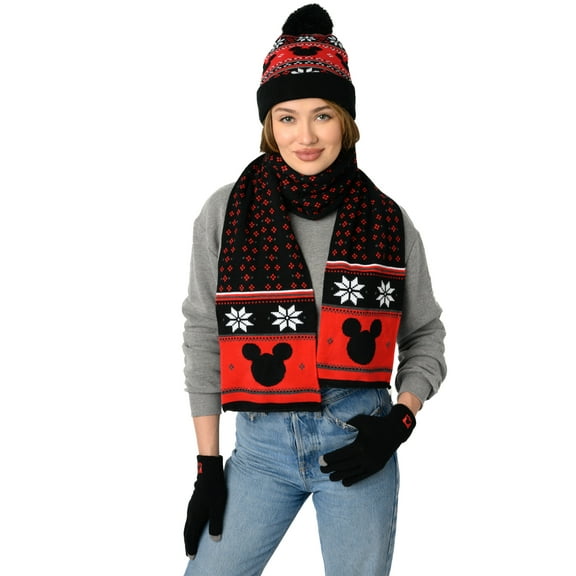 Disney Mickey Mouse Knit Beanie Hat, Gloves & Scarf 3-Piece Adult Winter Set