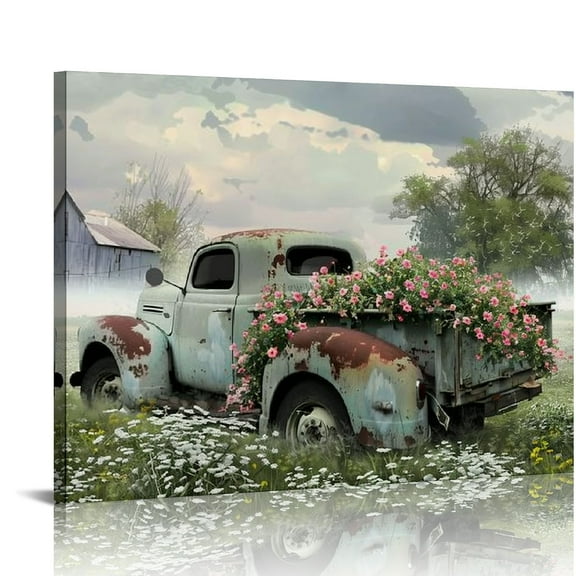 Shiartex  Farmhouse Sage Green Truck with Blush Petunias Flowers Wall Decor for Living Room, Bedroom, Bathroom, Kitchen, Office, Dining Room - Ready to Hang 20x16in