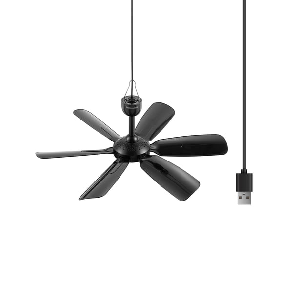 17.7" Inch Small Portable Ceiling Fan, USB Plug In, 5V DC Powered, 6 Blades, Indoor/Outdoor RV Camping Tent Canopy, Gazebo，Beach，Hanging, Quiet,black