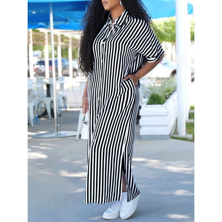 Plus Size Women's Shirt Dress  Striped and Floral Print Button Down Casual  Work Outfit - Walmart.com