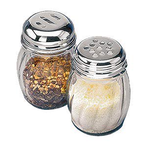 Coctelera de especias de vidrio de 6 onzas con tapa de acero inoxidable perforada y coctelera de queso parmesano con tapa de acero inoxidable ranurada/Juego de 2/Dispensadores de estilo retro con tapa