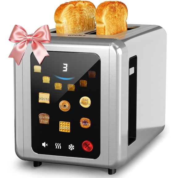 Full Touch Screen Toaster 2 Slice, 1.5'' Wide Slot Stainless Steel Toaster with Digital Timer, 6 Bread Types & 6 Shade Settings, Crumb Tray, Reheat/Defrost, Smart Toasters for Bagels, Silver