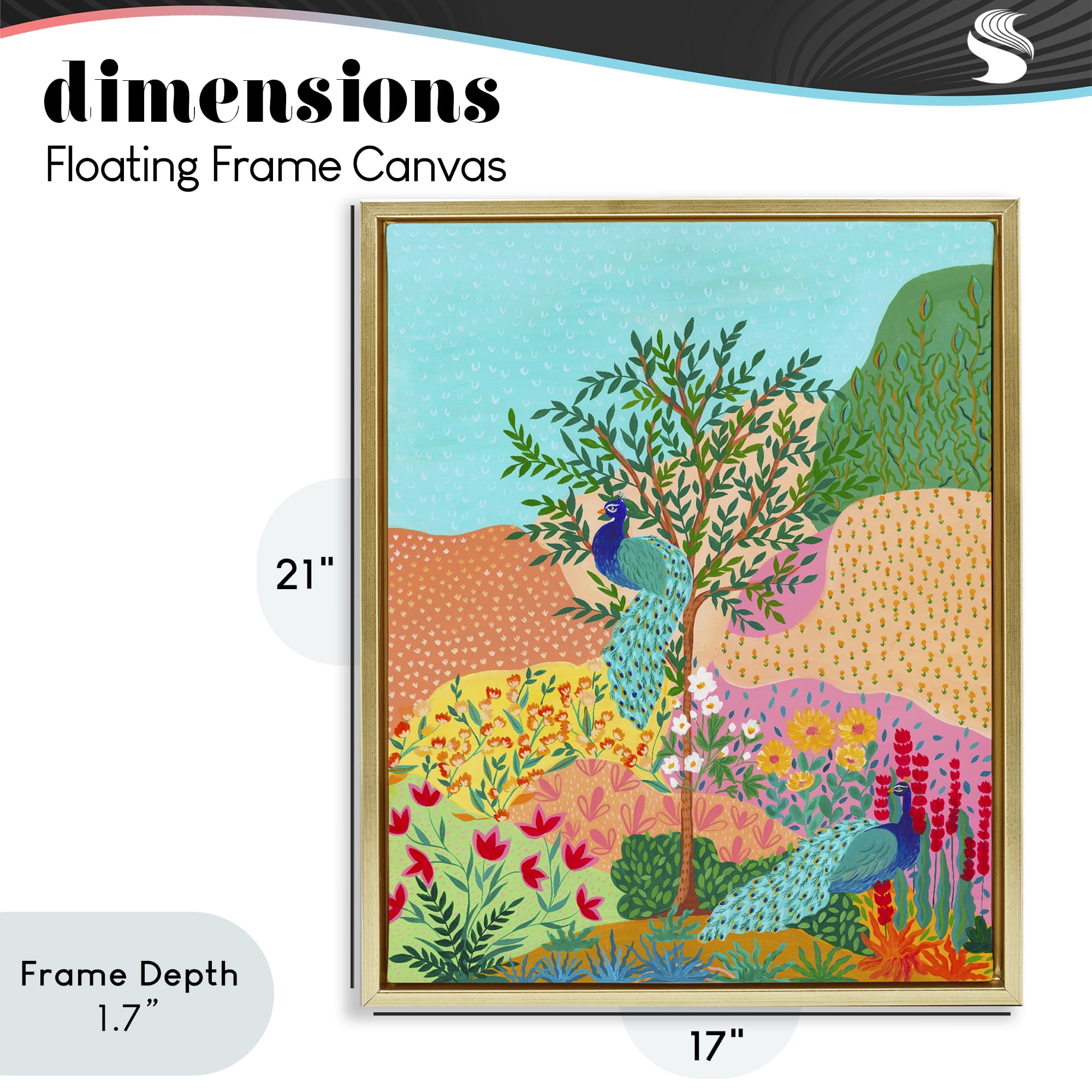 Stupell Industries Peacocks in Dotted Meadow Gold Framed Floater Canvas Wall Art, design by Nabeela Rumi