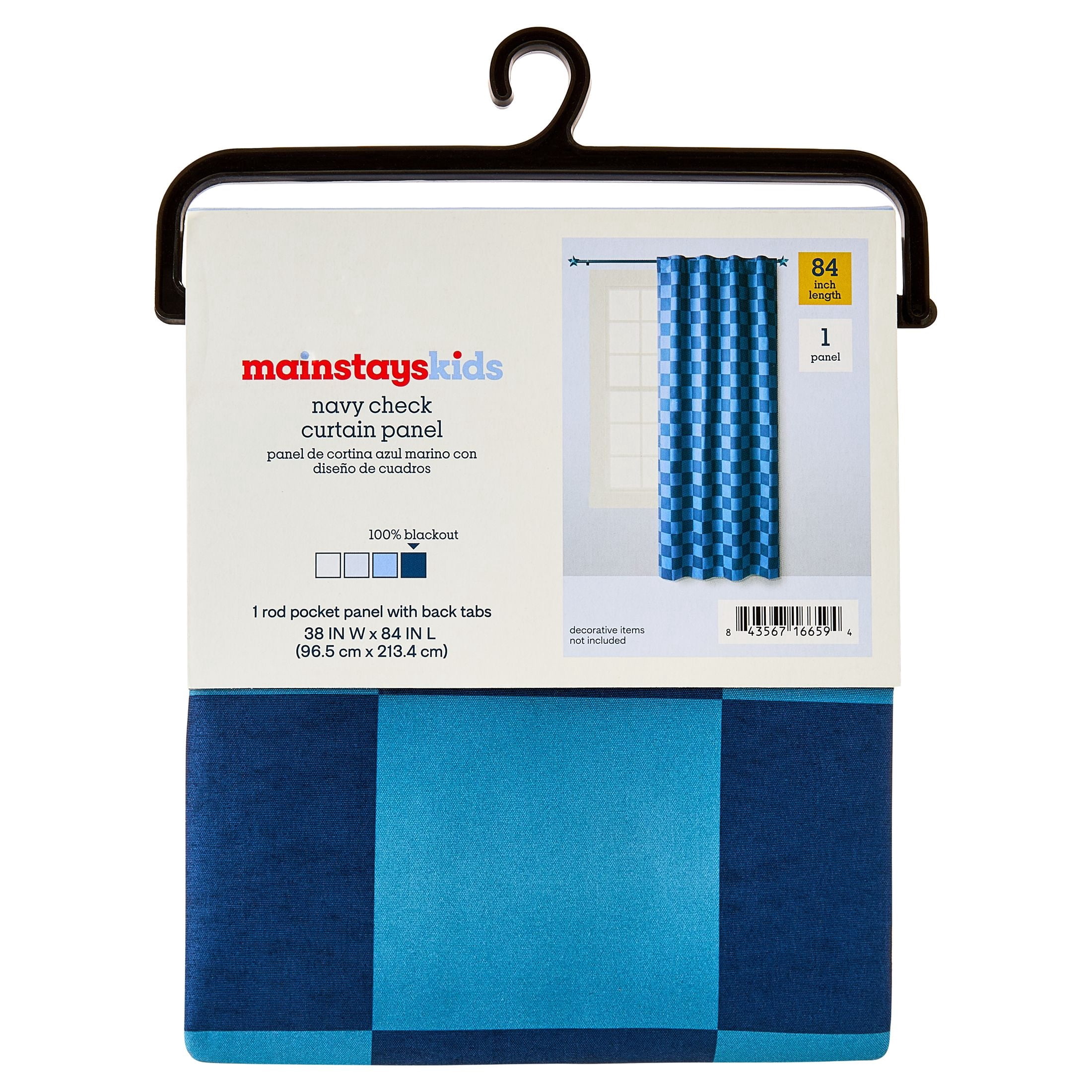 Mainstays Kids Navy Blue Check Printed Blackout Rod Pocket with Back Tabs Single Curtain Panel, Set of 1, 38" W x 84" L