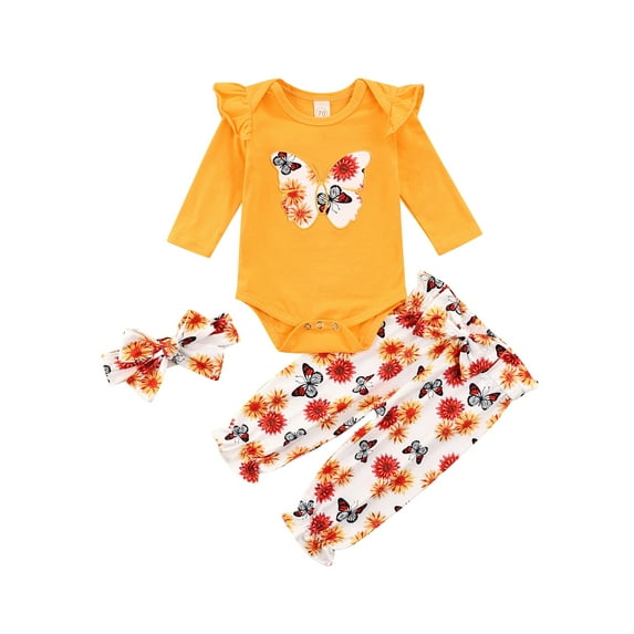 Qiylii Baby Girls Butterfly Floral Outfits,Long Sleeve Romper+Pants+Headband