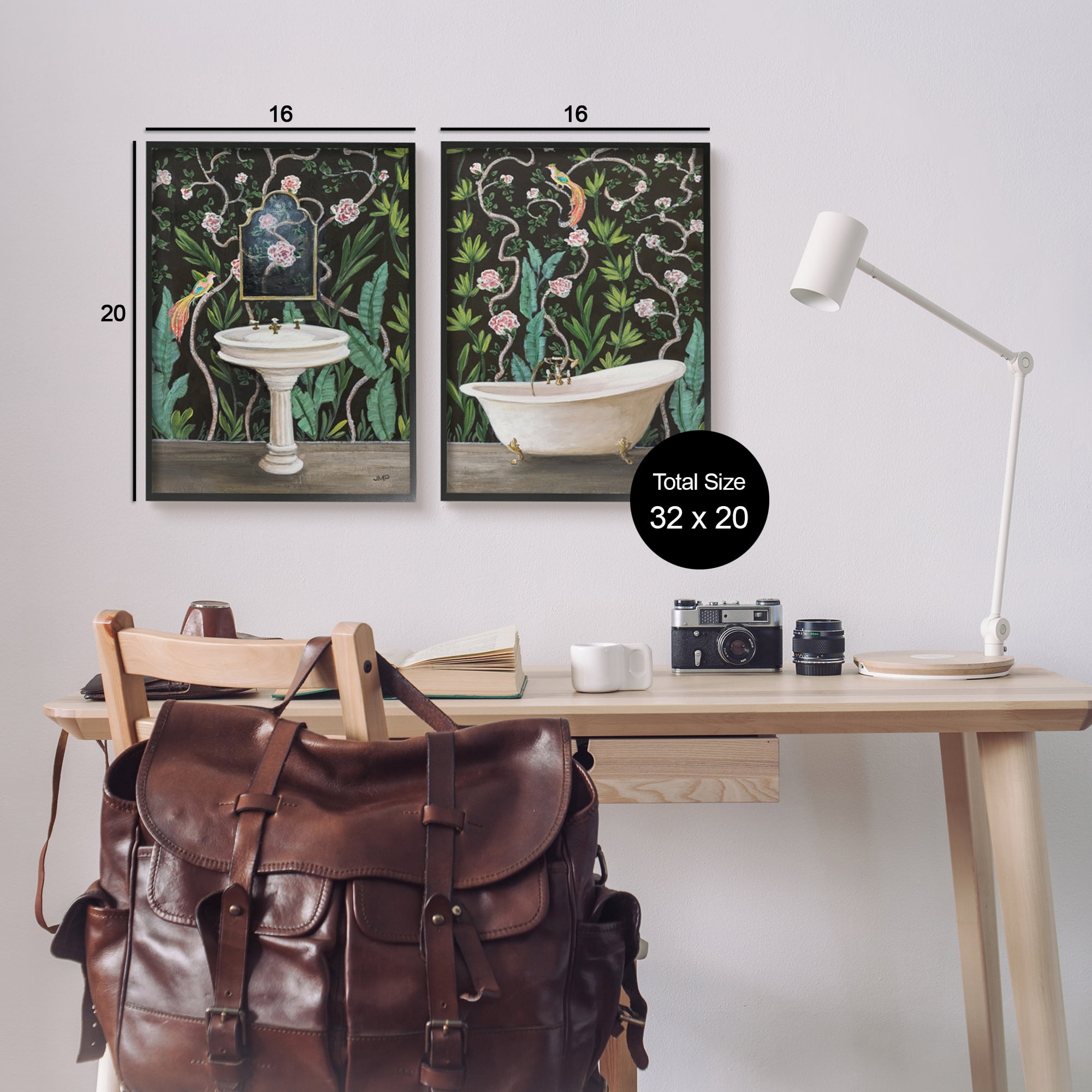 Stupell Industries Tropical Patterned Bathroom Botanical & Floral Painting Black Framed Art Print Wall Art, 16 x 20, Set of 2