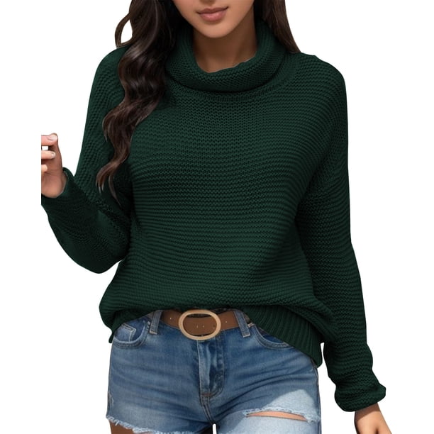 Gibobby Suéter de cuello alto mujer, Suéter Corto de Cuello Alto para Mujer(Verde,XG)