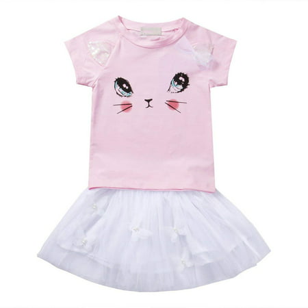 Toddler Baby Girls Kids Short Sleeve Cat Pattern Top T-shirt Butterfly Tutu Skirt Dress Outfit Sets