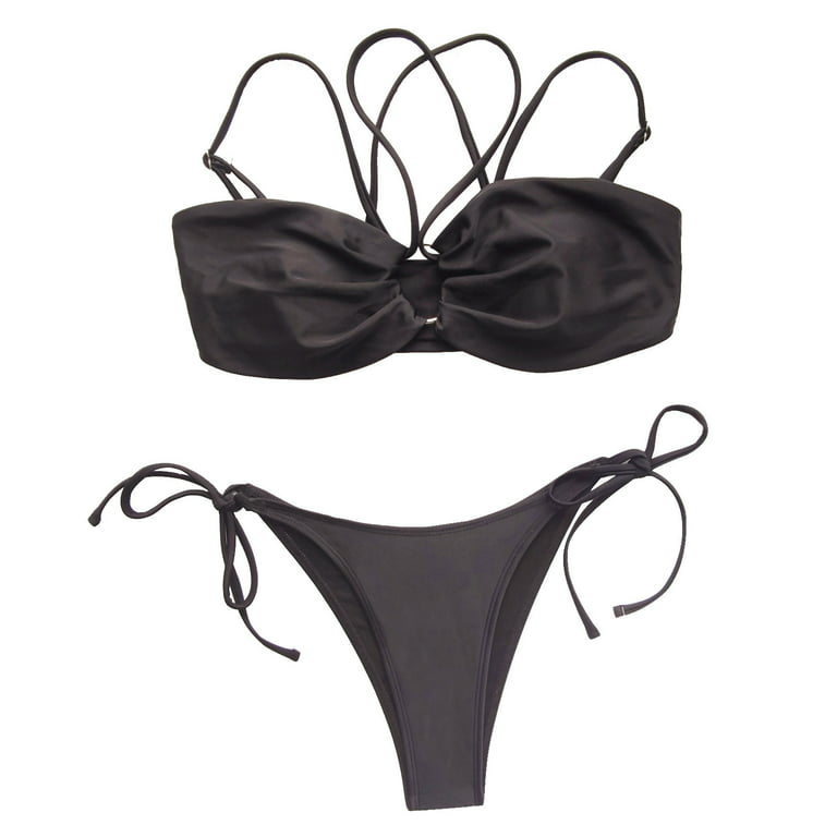 HIMIWAY Fashion Women One-shoulder Strappy Bikini Suit Sexy Casual Split Swimsuit  Black S 