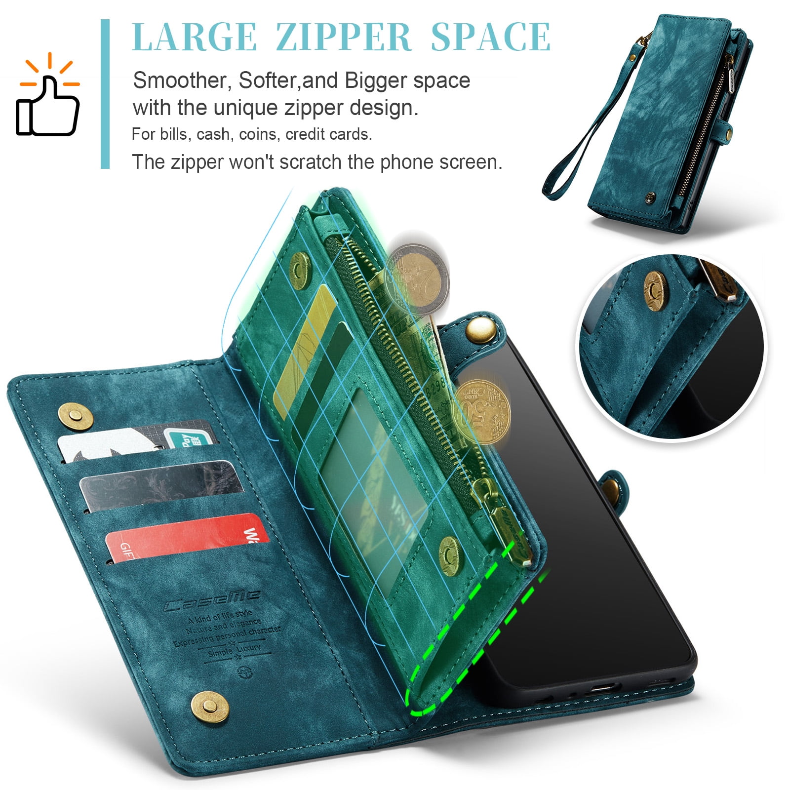Feishell Durable 2- In-1 Magnetic Detachable Wallet Case for Samsung Galaxy A52 4G/5G,for Women Men,Premium PU Leather Zipper Pocket Flip Multi Card Slots Purse Phone Case with Wrist Strap,Green