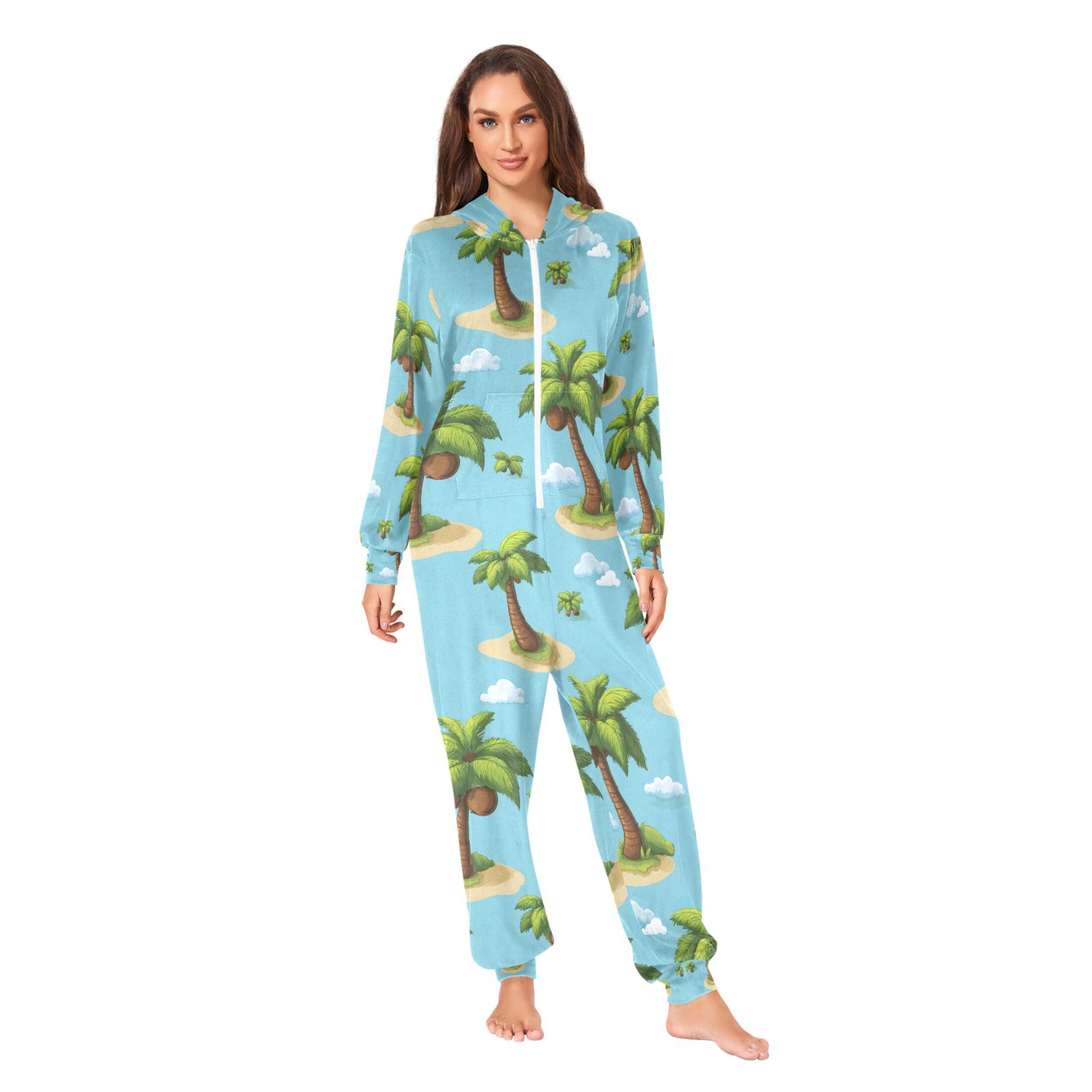 Adult Christmas Onesie Coconut Trees Adult Zipper One-Piece Pajamas Unisex Pajamas with Pockets