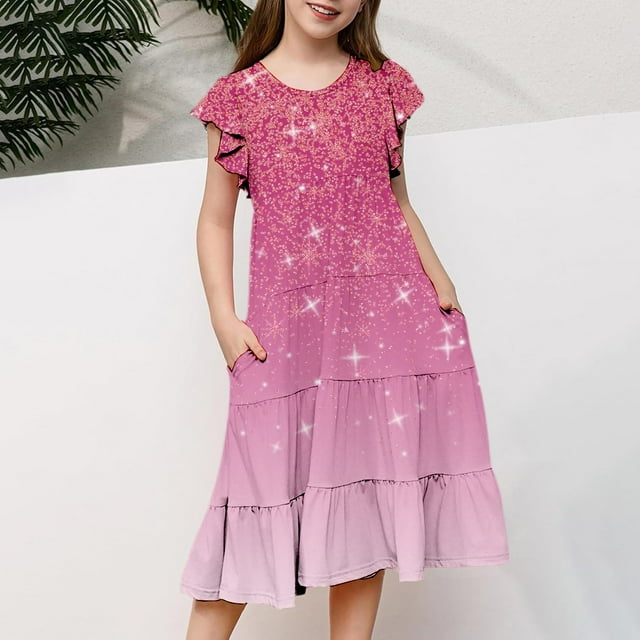 Girls Dresses - Elegant Summer Round Neck Ruffle Sleeve Layered A-Line Casual Gradient Dress for Young Girls