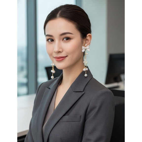 Gold Plated Long Pearl Bow Earrings Set for Women Trendy Stylish Golden Hypoallergenic Lightweight Freshwater Cultured Pearl Dangle Earring Birthday Valentines Day Gift for Wife Girlfriend