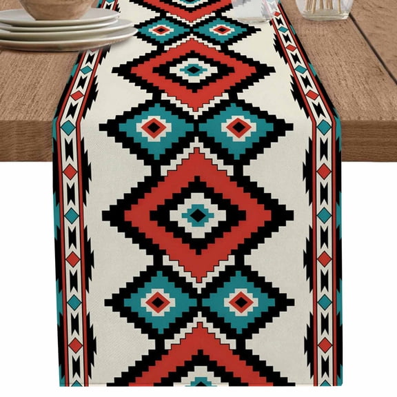 nqOlkjepod Aztec Southwest Table Runner 108 Inches Long Farmhouse Dress Scarves, Tribes Vintage Red Blue Abstract Dining Tablerunner for Coffee Table/Kitchen Island/Party Décor, 13" x 108"