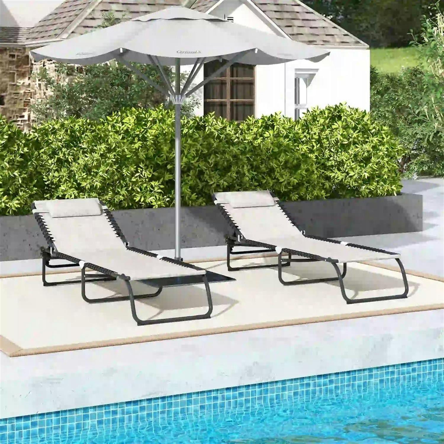Demi Bonn Outdoor Folding Chaise Lounge Chairs Set of 2 with 4-Position Reclining Pillow-Back, Breathable Mesh Seat, Bungee for Pool, Beach, Patio, Beige