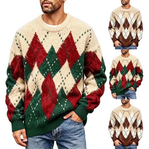 Zivyakyron Christmas Sweater for Men Casual Intarsia Fall Winter Crew Neck Colorblock Pullover Sweaters Long Sleeve Loose Green L