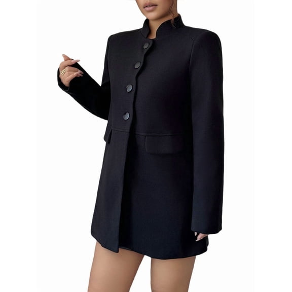 Female Winter Overcoat Mid-Long Stand Collar Single Breasted Coat Outerwear Black M