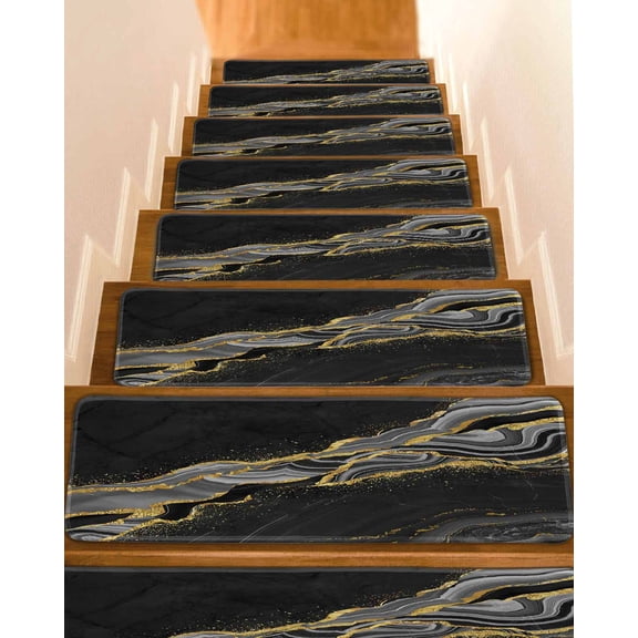 Black Marble Non-Slip Stair Treads for Wooden Steps, 10 Pack-8x30in Carpet Stair Mats with Adhesive Backing, Noise-Reducing Step Covers for Indoor Stairs, Easy to Install & Residue-Free