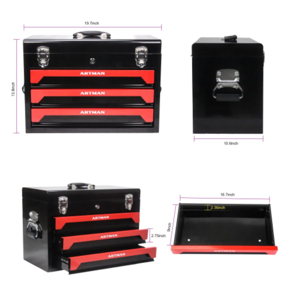 3 Drawers Tool Box with Tool Set,Metal Toolbox Portable Tool Chest Organizer with Ball-Bearing Drawer Slides for Garage Workshop Maintenance Repair Projects Black Red