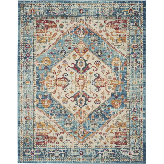 homeroots home decor 385552 7’ x 10’ Ivory and Light Blue Distressed Area Rug
