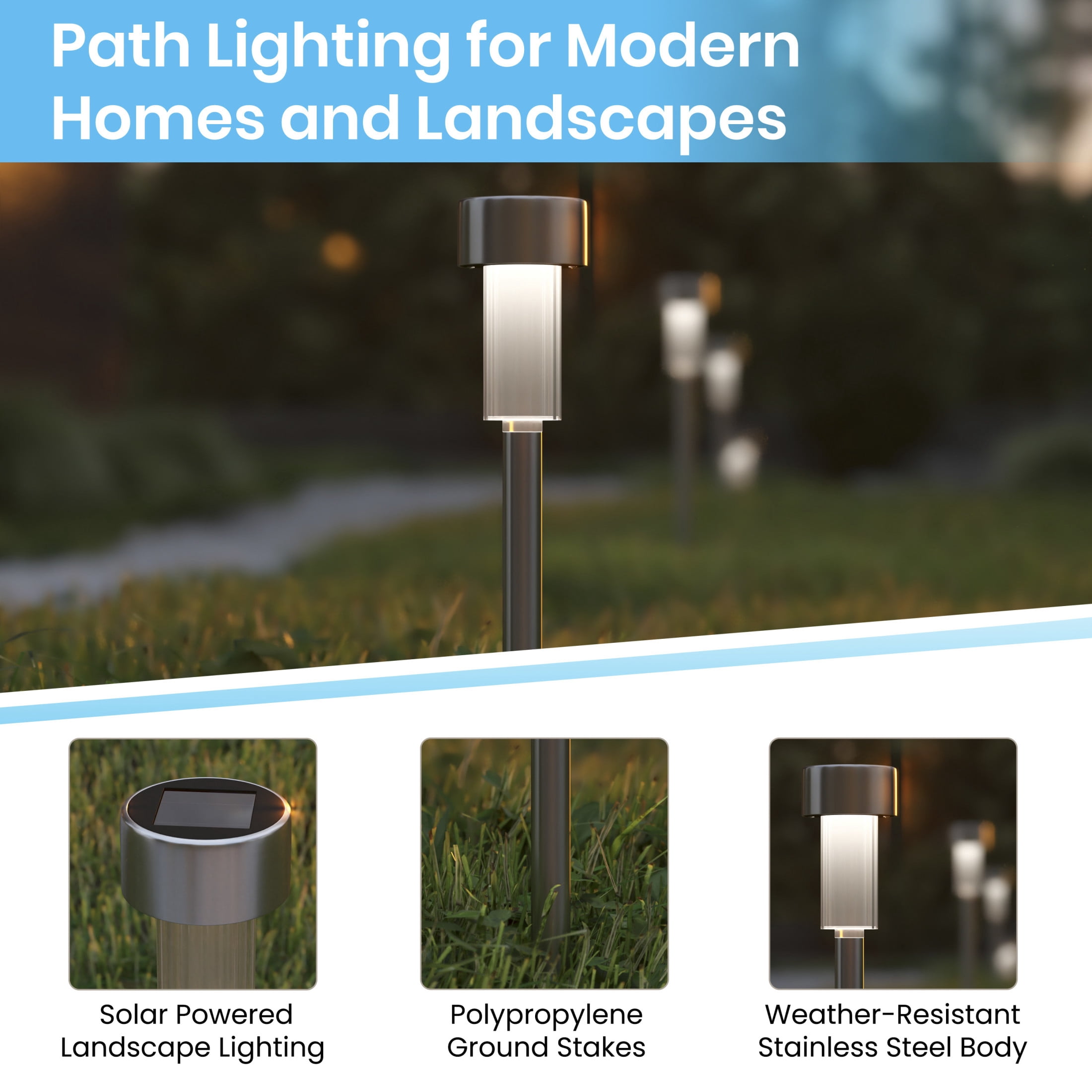 Emma + Oliver 12 Pack Stainless Steel Solar LED Outdoor Lights, Solar Powered Landscape Lighting for Pathway, Garden, Patio, Driveway & Yard