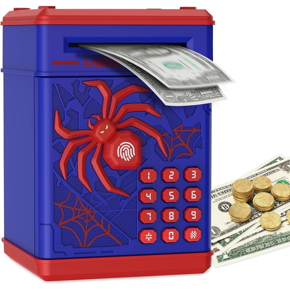 ATM Piggy Bank for Kids Boys Girls, Kids Money Saving Box Money Safe, @ (Blue), # Spider Fingerprint Piggy Bank !