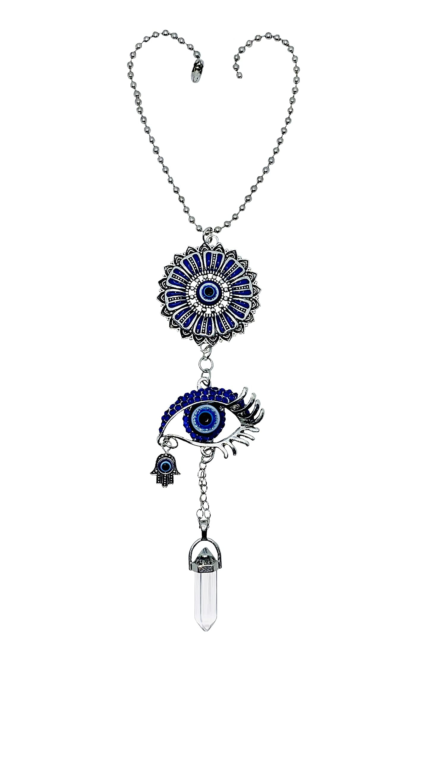 Hamsa Hand and Evil Eye Ornament Rear View Mirror Glass Light Blue