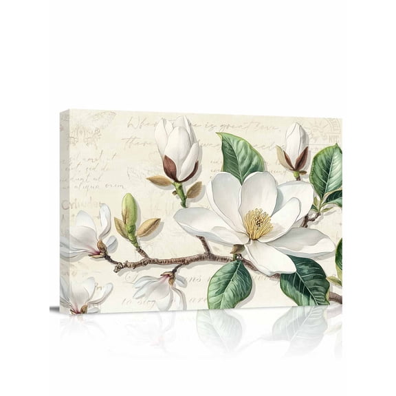 White Floral Canvas Print Wall Art Magnolia Bud Green Leaf Farmhouse Flowers Retro Pictures Painting Morden Artwork for Living Room Bedroom, Ready to Hang - 12"x16"