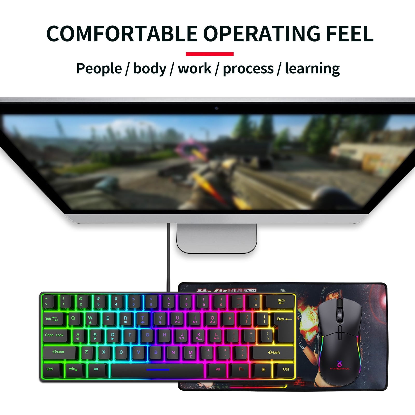 60% Type-C Wired Gaming Keyboard, 11.5x4inch RBG Backlight Computer Keyboards, Ergonomic High and Low Keys, Computer Accessories, for Desktop Laptop, PC, Gifts for Men& Boyfriend