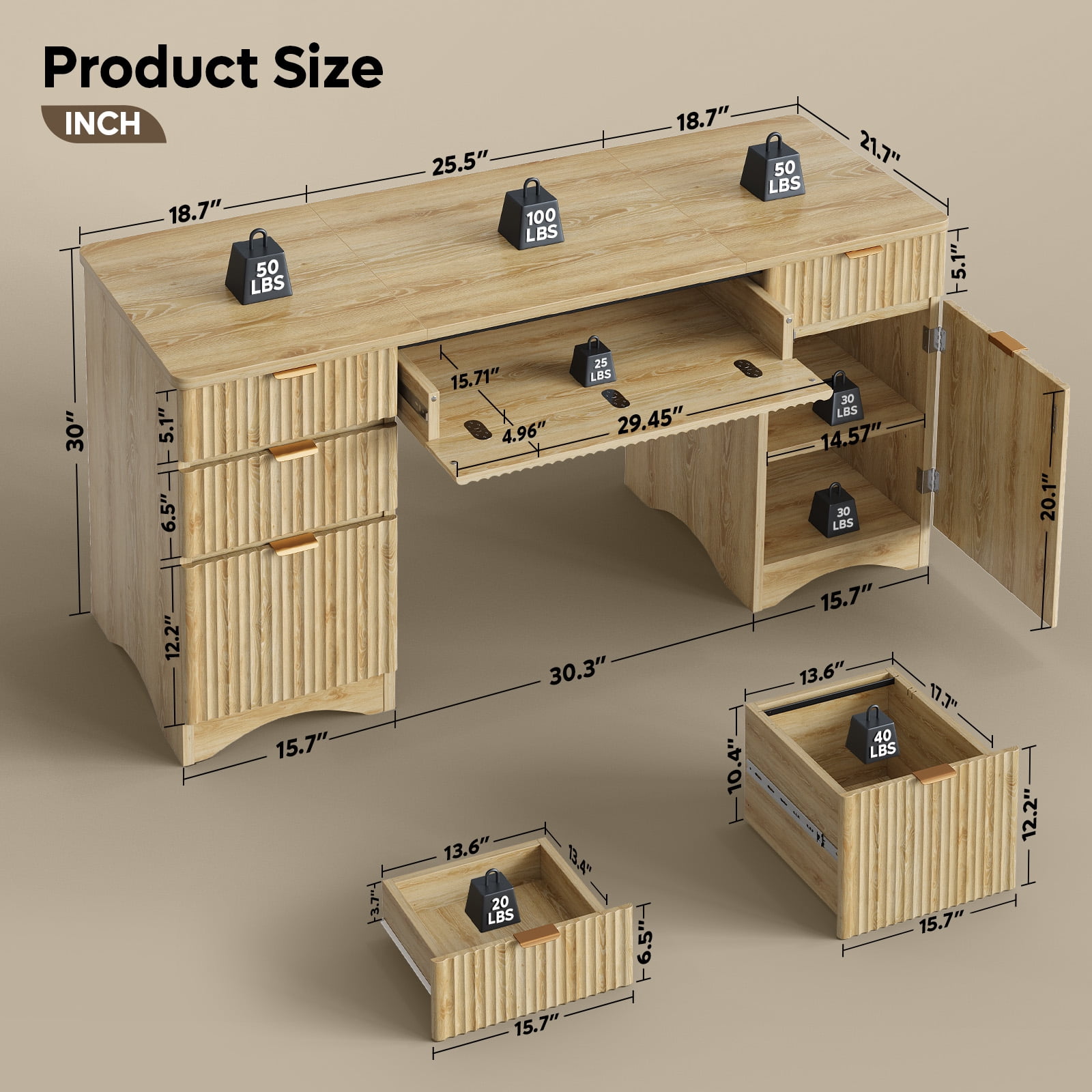 Bestier 63" Executive Desk with Keyboard Tray, Modern Home Office Desk with 4 Drawers & 1 Large Cabinet, Fluted Computer Writing Desk for Study, Living Room, Bedroom, Oak