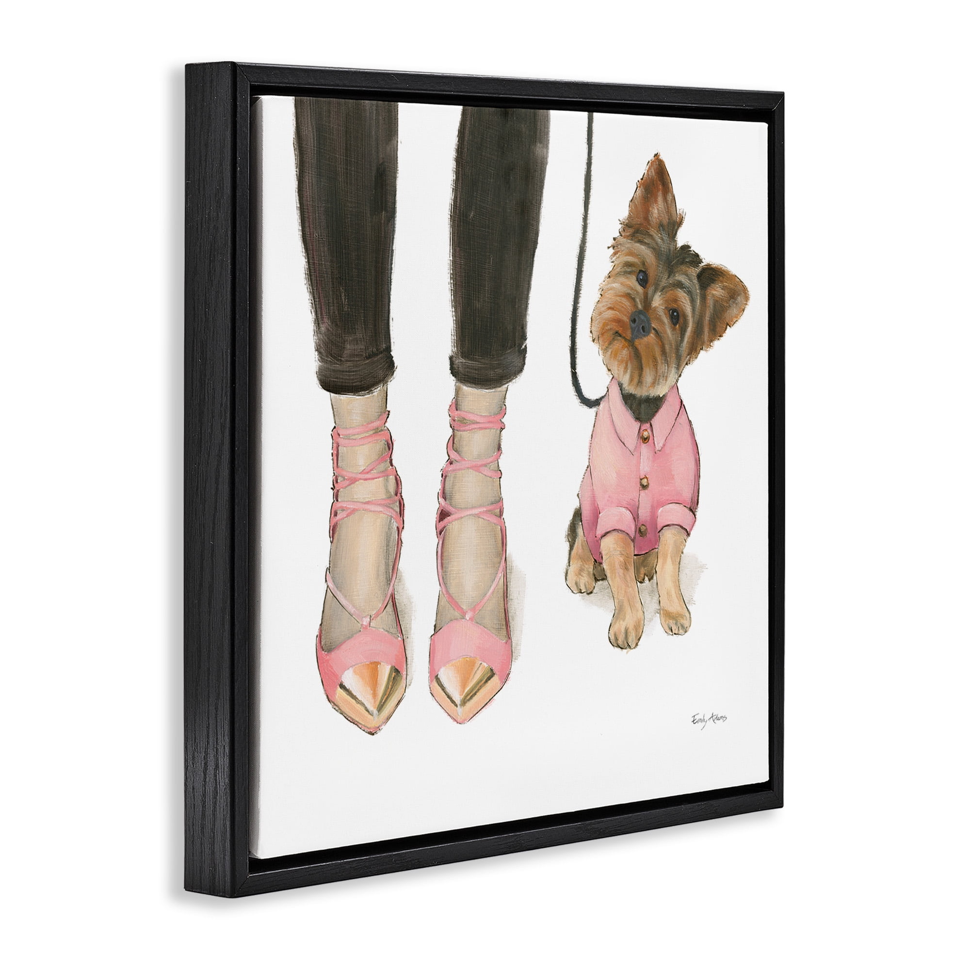 Stupell Industries Glam Dog Walk Pink Heels Beauty & Fashion Painting Black Floater Framed Canvas Art Print Wall Art, 18 x 18