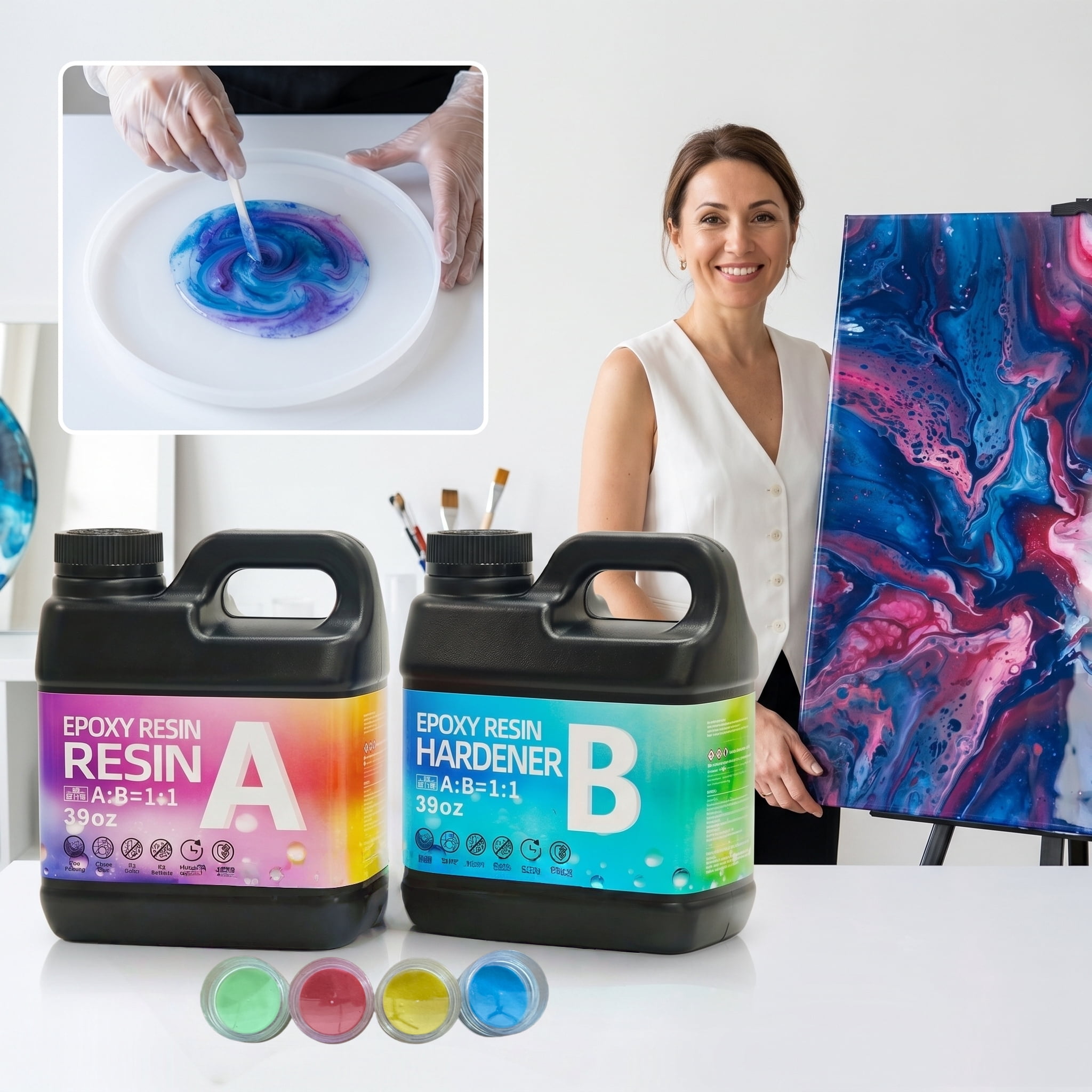 78oz Fast-Curing Epoxy Resin Kit, Clear AB Glue, 4 Colors Glow-in-the-Dark Powder, 1:1 Mix, Bubble-Free & Non-Yellowing, With Pump & Tools, Ideal Gift For Mother's Day & Graduation