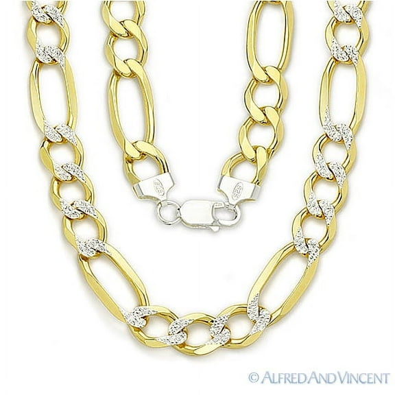 11mm Figaro / Figaroa D-Cut Pave Link Italian Chain Necklace in .925 Sterling Silver w/ 14k Yellow Gold