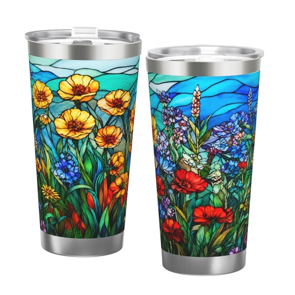 20oz Stained Glass Wildflower Insulated Tumbler with Handle and Straw Colorful Floral Travel Coffee Cup Gift with Double Silver Rim