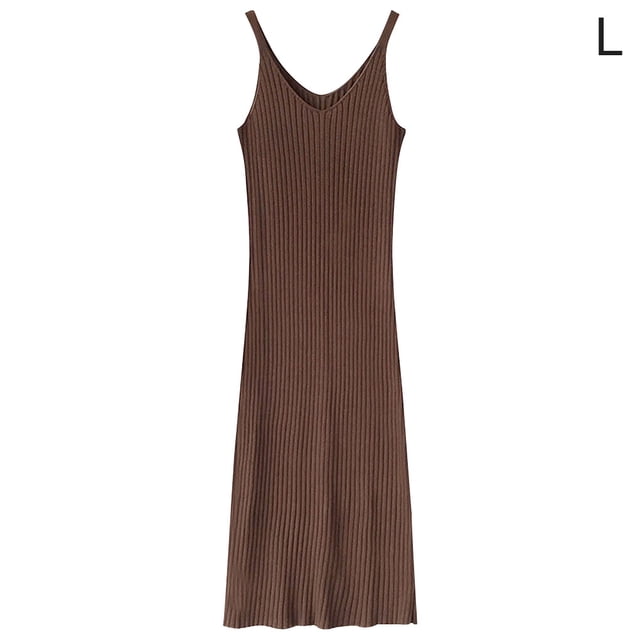 Vestido Con Cuello En V Sin Mangas De Punto Color Sólido Vestido Largo Y Delgado Sexy, Marrón, L Inevent AP001368-11B