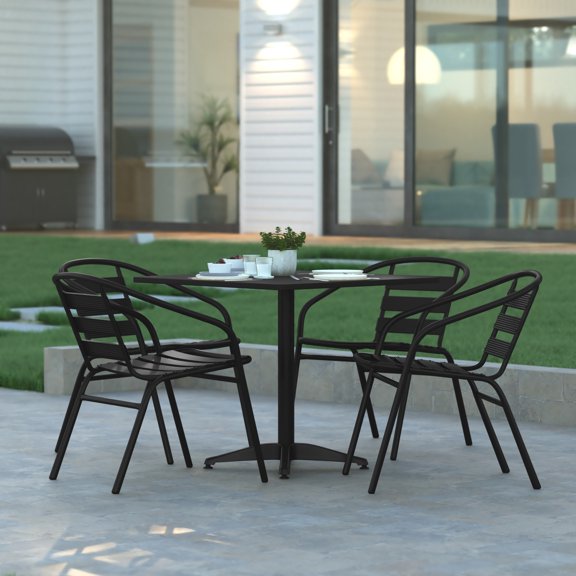Emma Oliver 31.5'' Black Square Aluminum Indoor-Outdoor Table Set with 4 Black Slat Back Chairs
